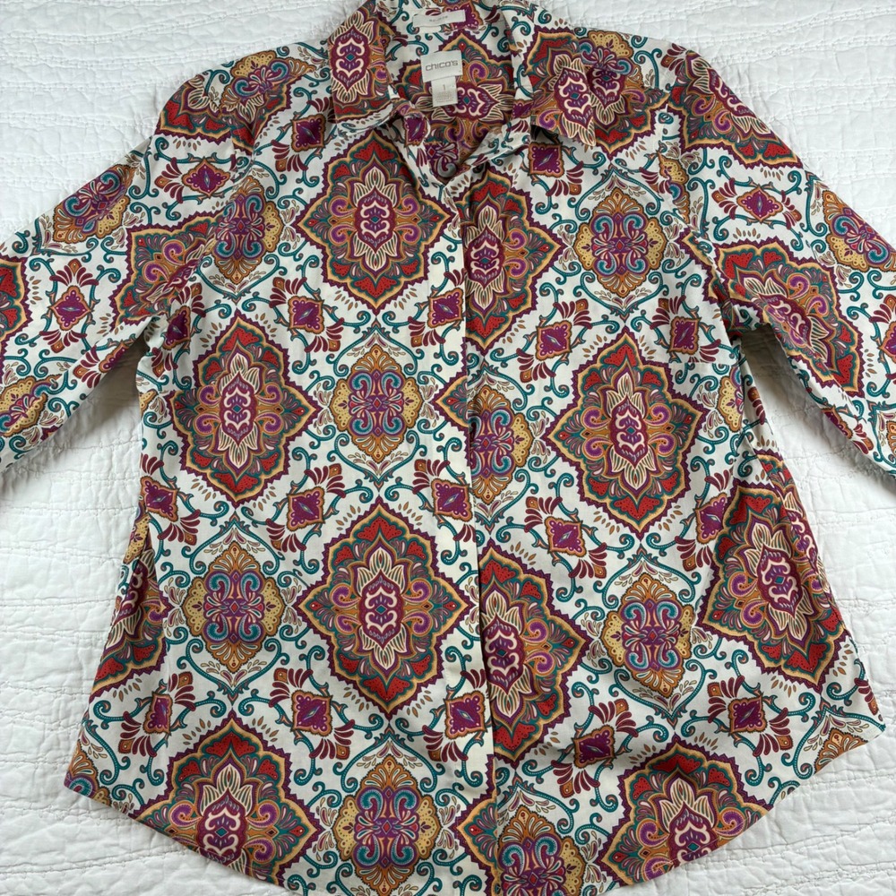 Chicos No Iron Medallion Button Dow Shirt Sz Med Boho Multicolor Blouse Autumn